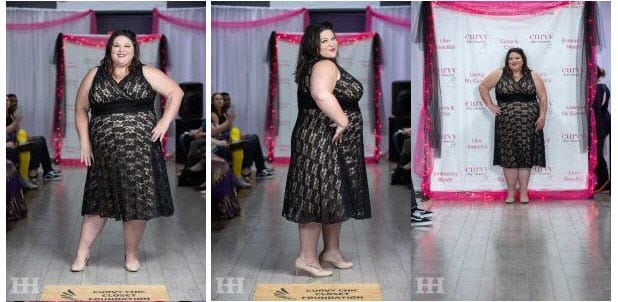plus size model Tish Lee walking runway in black lace formal dress