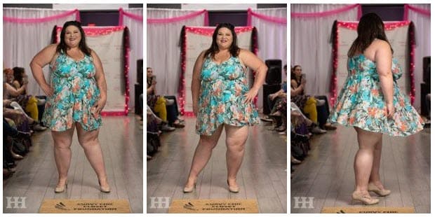 plus size model Tish Lee on runway in colorful bathing suit